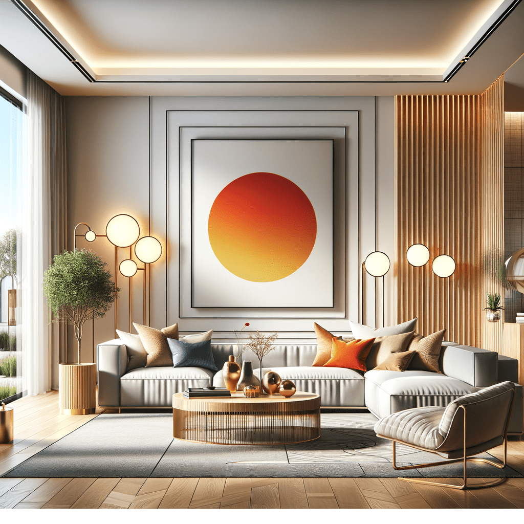 modern living room with spherical lights and bright artwork as center for room