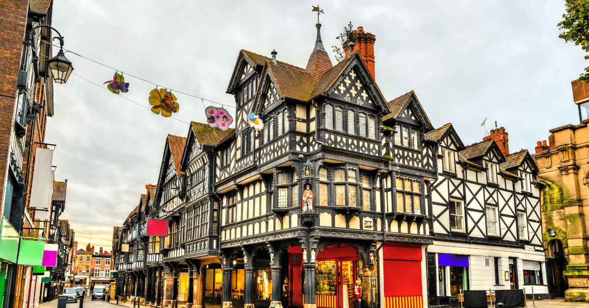 Corner view of Tudor-styled houses.
