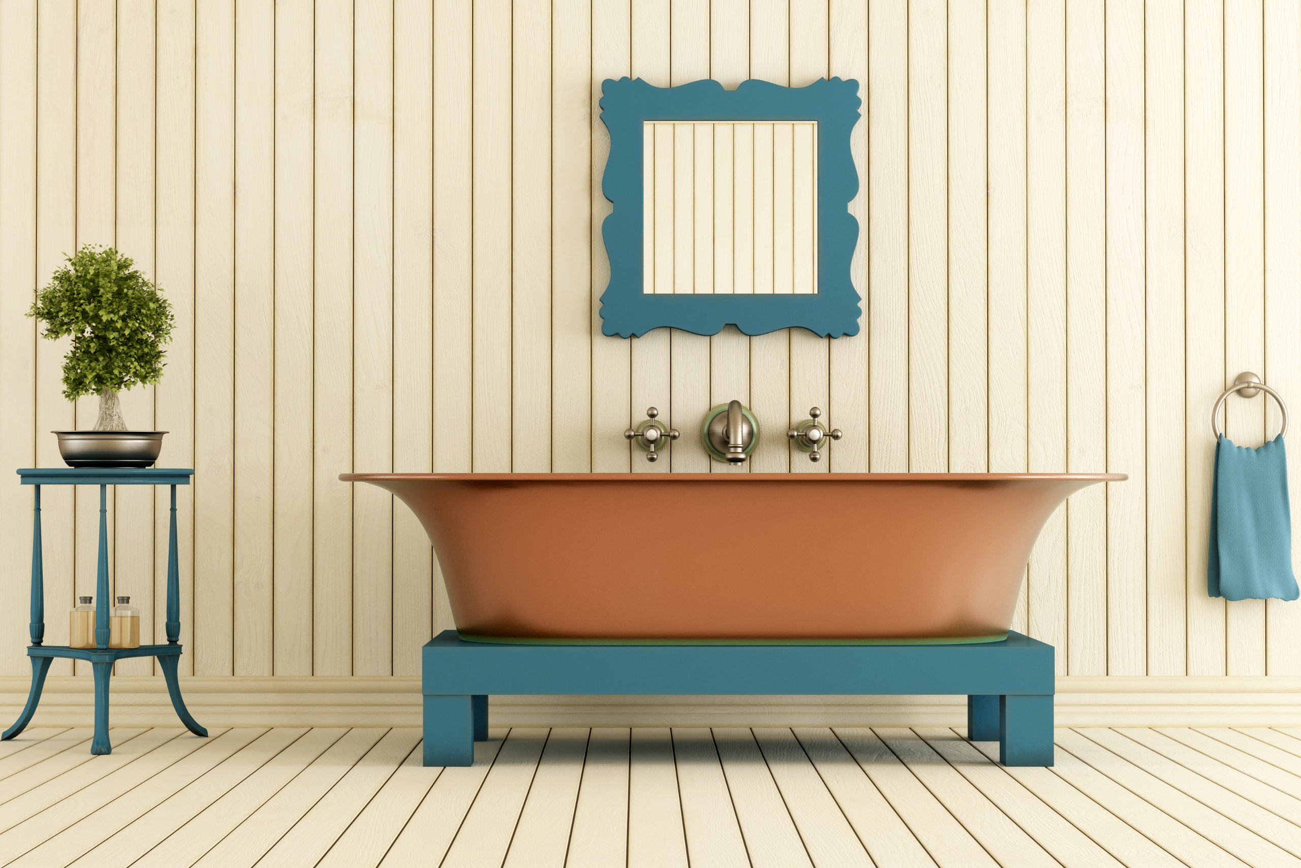Vintage bathroom with large tub and blue-greenish accent colors.