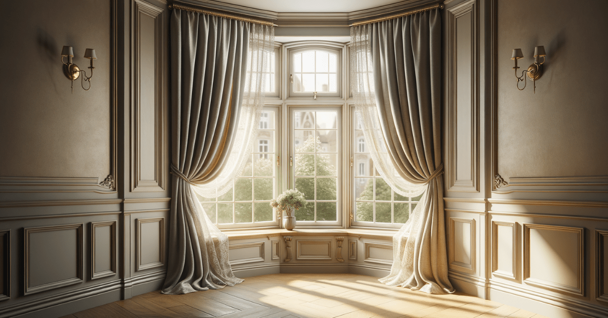 Bay window with curtains and linen curtains.