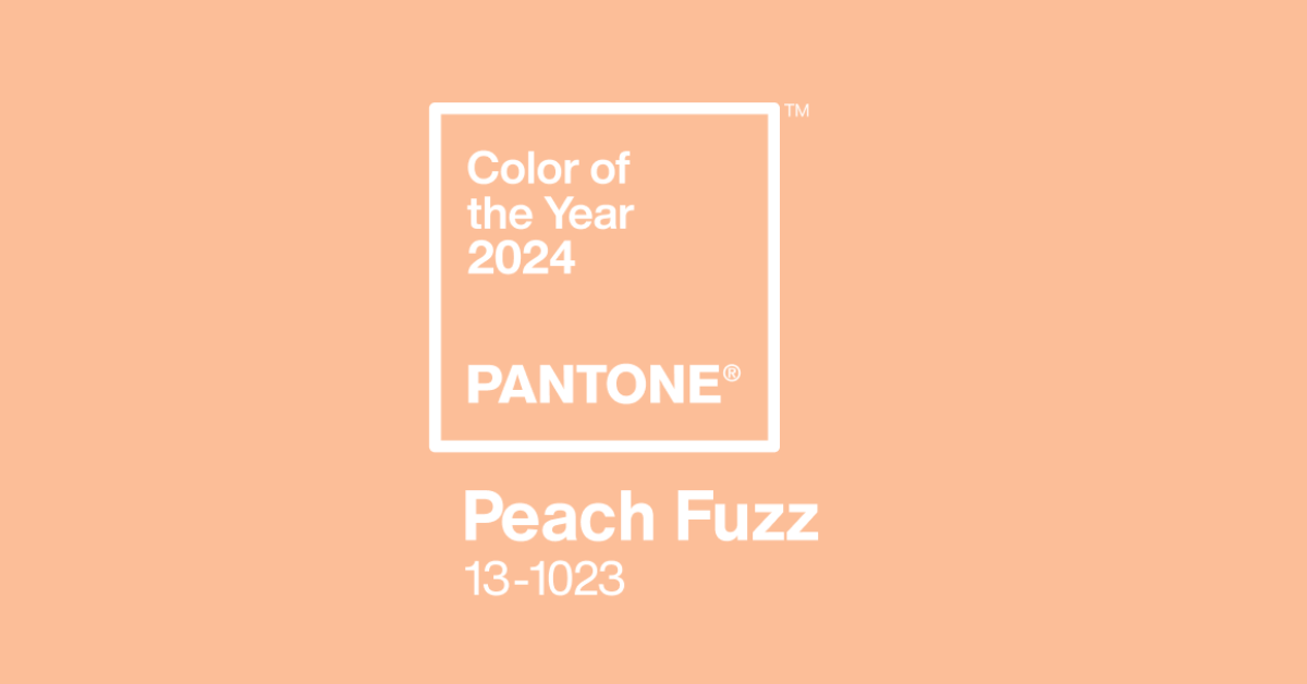 Written "Color of the Year 2024 PANTONE, Peach Fuzz 13-1023" on a peach fuzz-colored background.