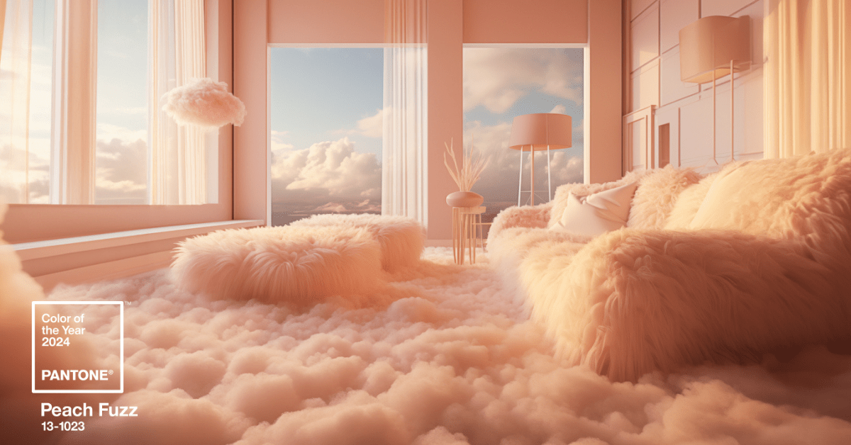 Room covered in fuzz and clouds in Peach Fuzz 13-1023 color.