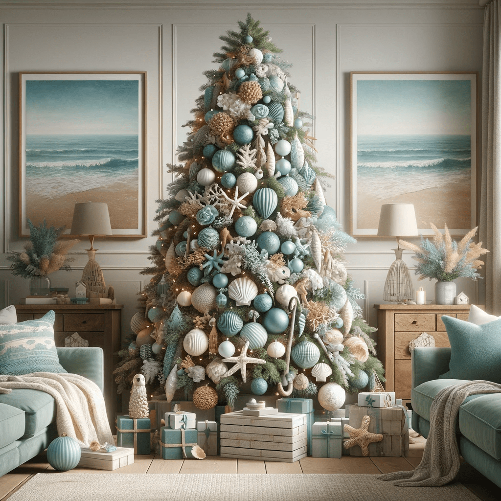 christmas tree in living room with a coastal color scheme, featuring starfish, blue & peach ornaments and coastal paintings