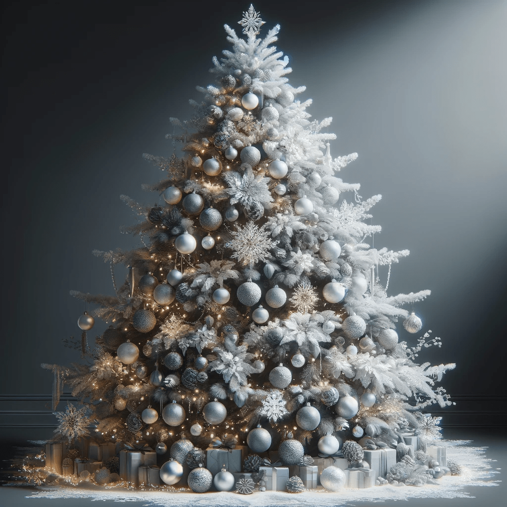 monochromatic christmas tree with white and silver accents