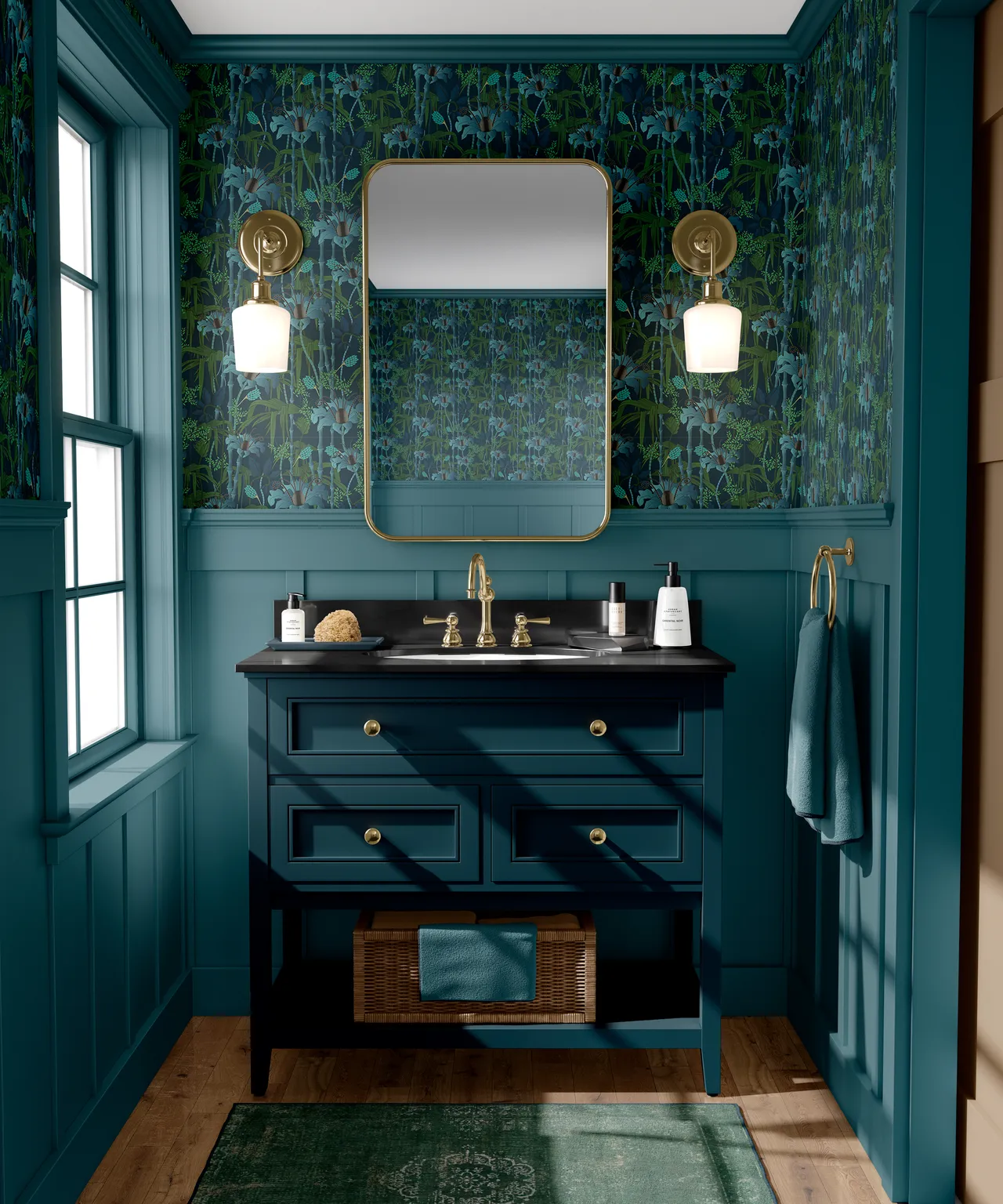 powder room with dark teal vanity, flowered teal wallpaper and gold finishings
