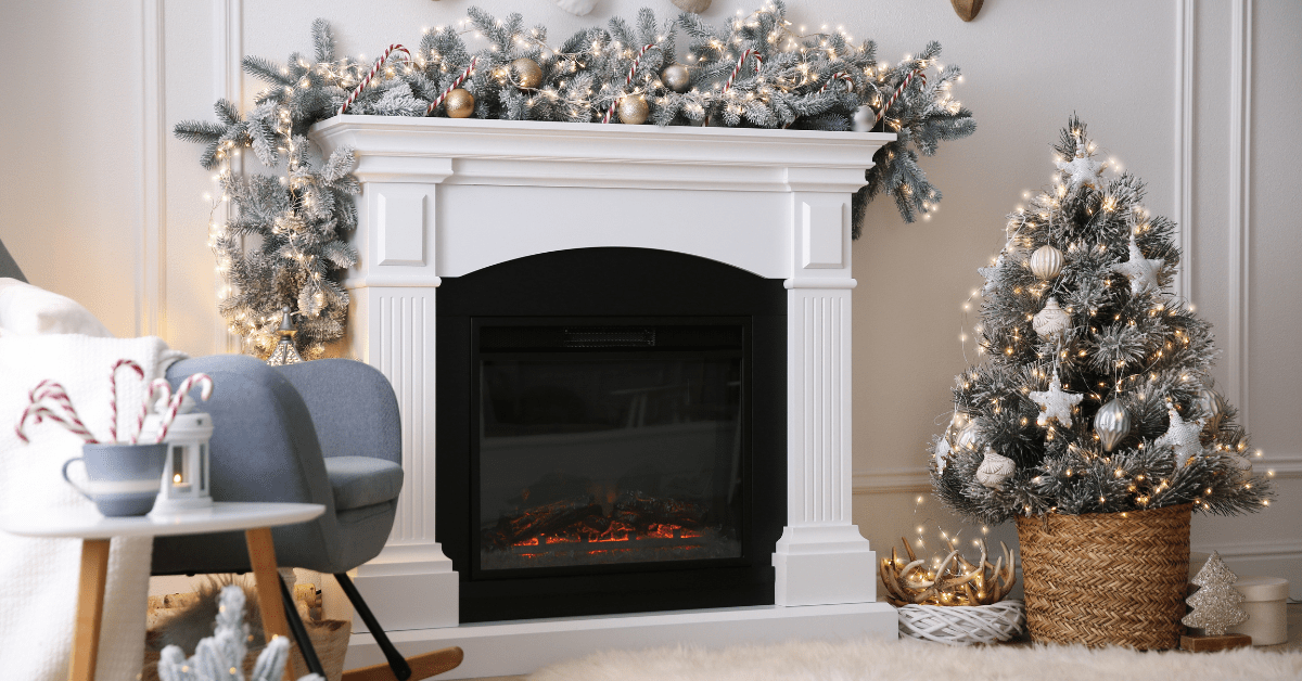 Mantel with festive decorations.