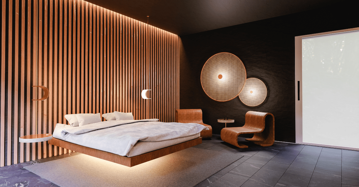 Floating bed in a modern bedroom.