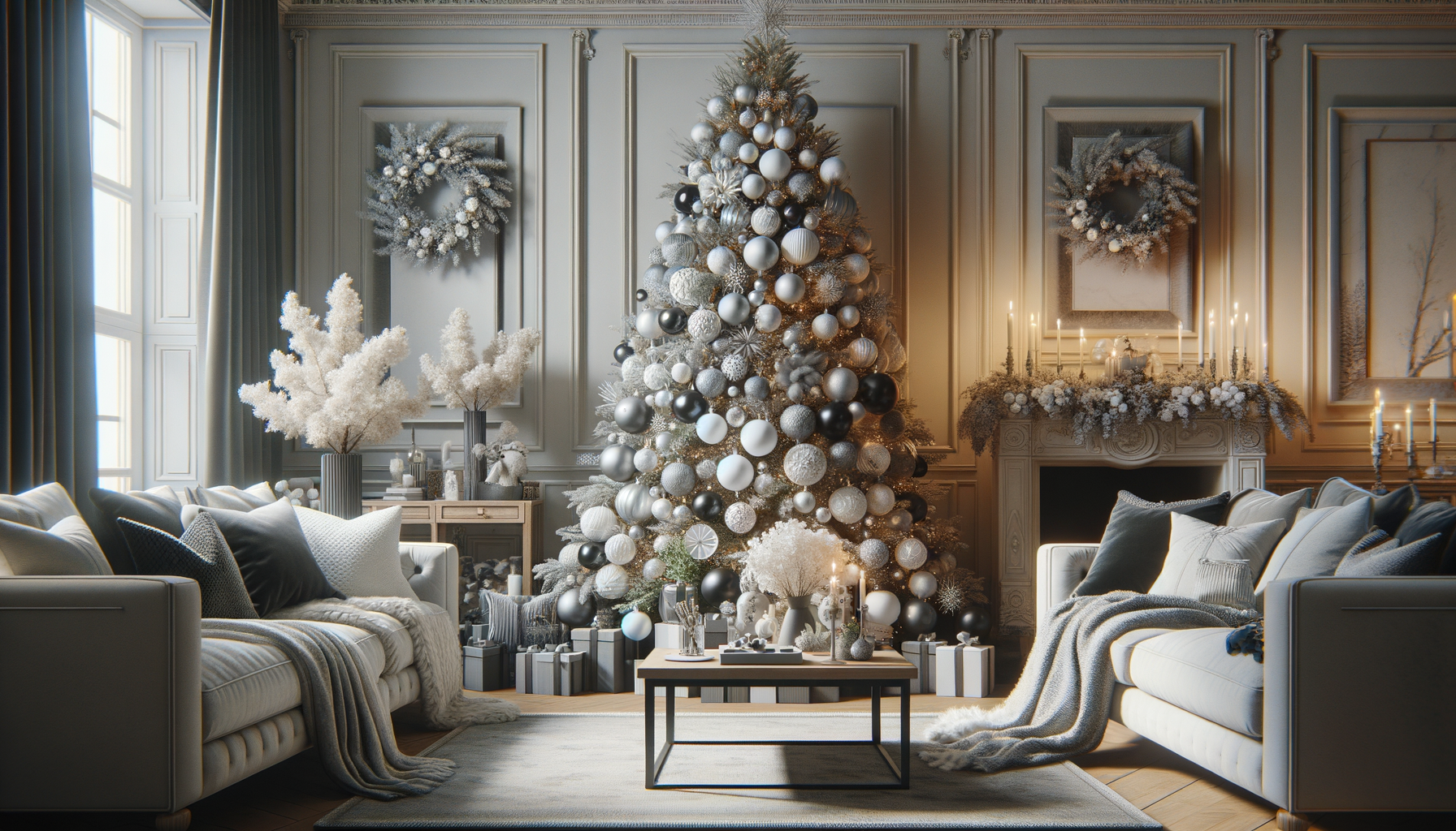 Modern living room with simple Christmas tree that has white, black, and silver ornaments.