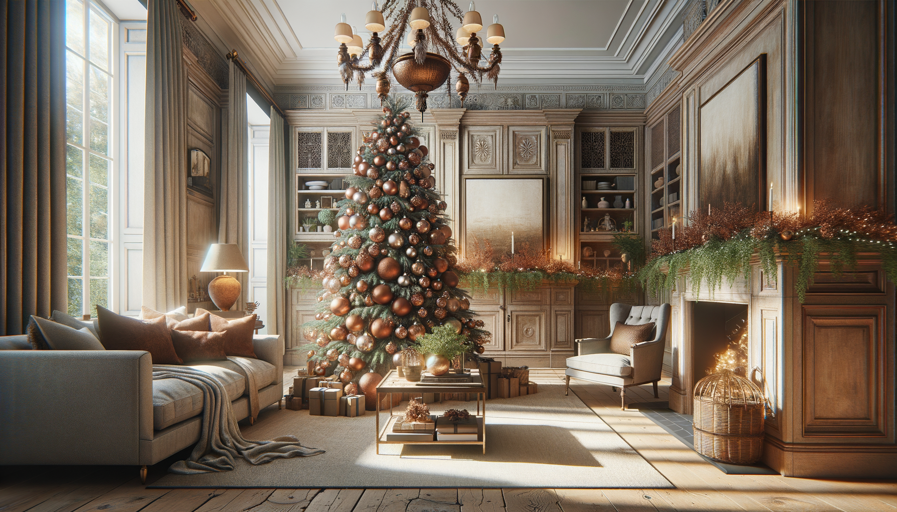 Living room with a large Christmas tree covered in rustic brown and copper ornaments.