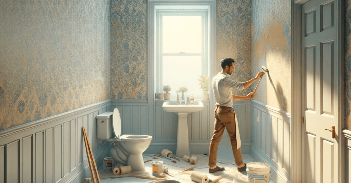 Man using paint roller to paint over wallpaper.