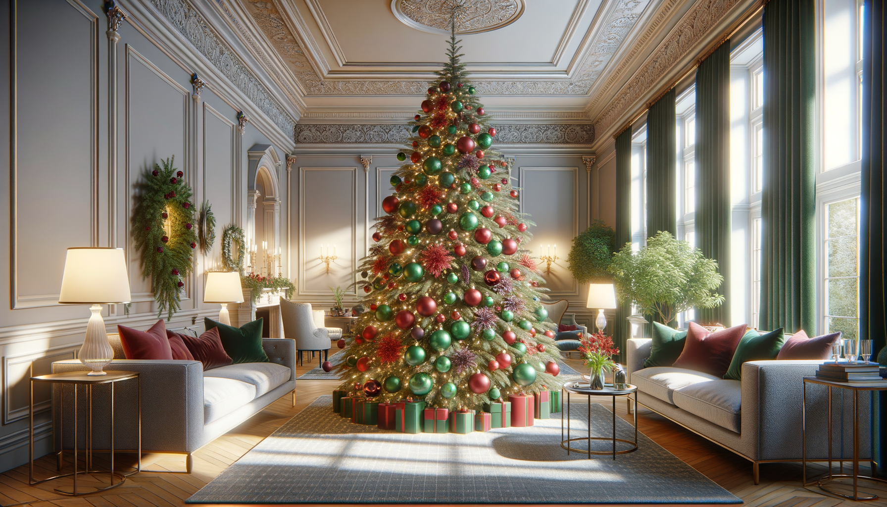 Living room with a large Christmas tree featuring red, burgundy, deep emerald, and forest green ornaments.