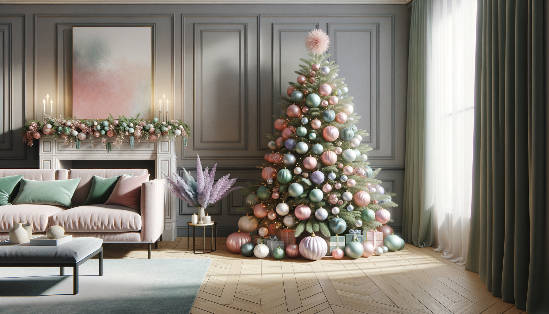 Living room with a Christmas tree that has pink, mint green, lavender ornaments.