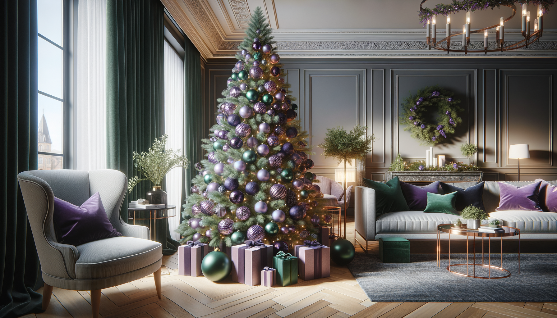christmas tree in living room decorated with emerald green and purple accents & ornaments