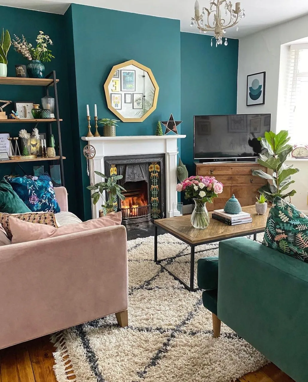 teal accent wall in maximalist colorful living room