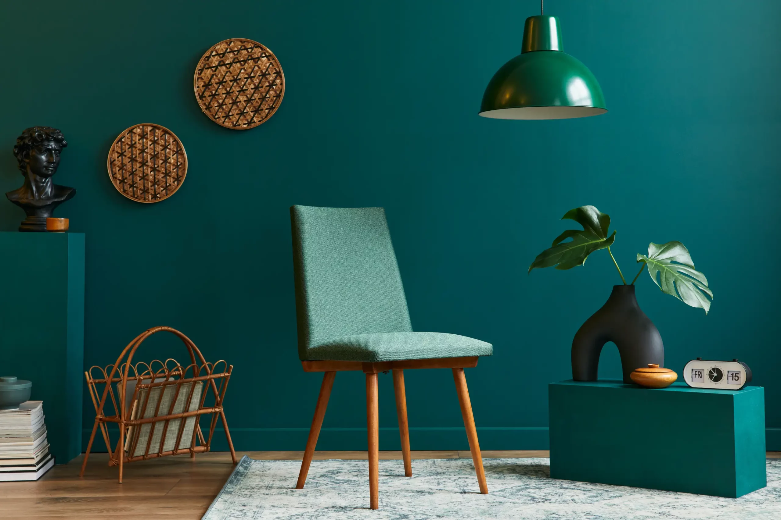 teal living room accessories with hanging pendant lamp, green midcentury style chair