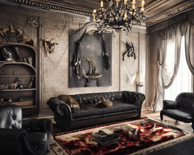 A bold mob-style living room with dark theme.