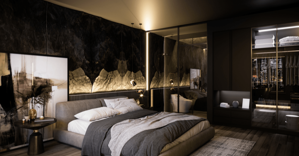 A modern black bedroom with a focal wall.