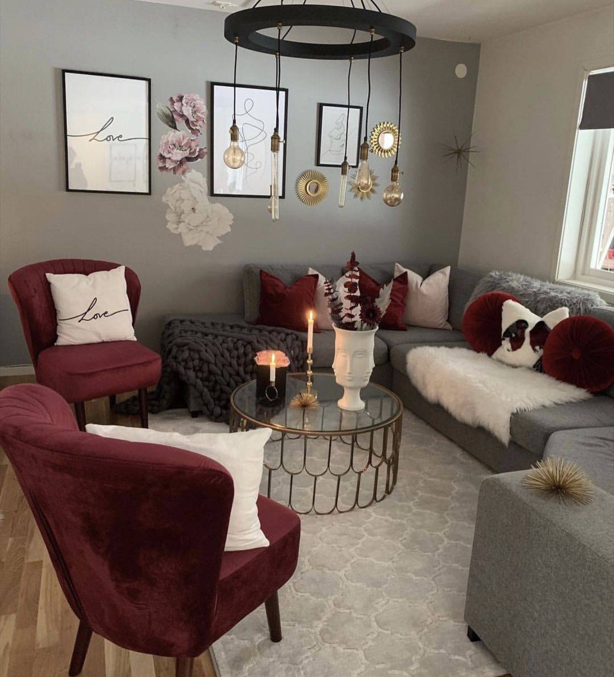 silver grey and burgundy living room