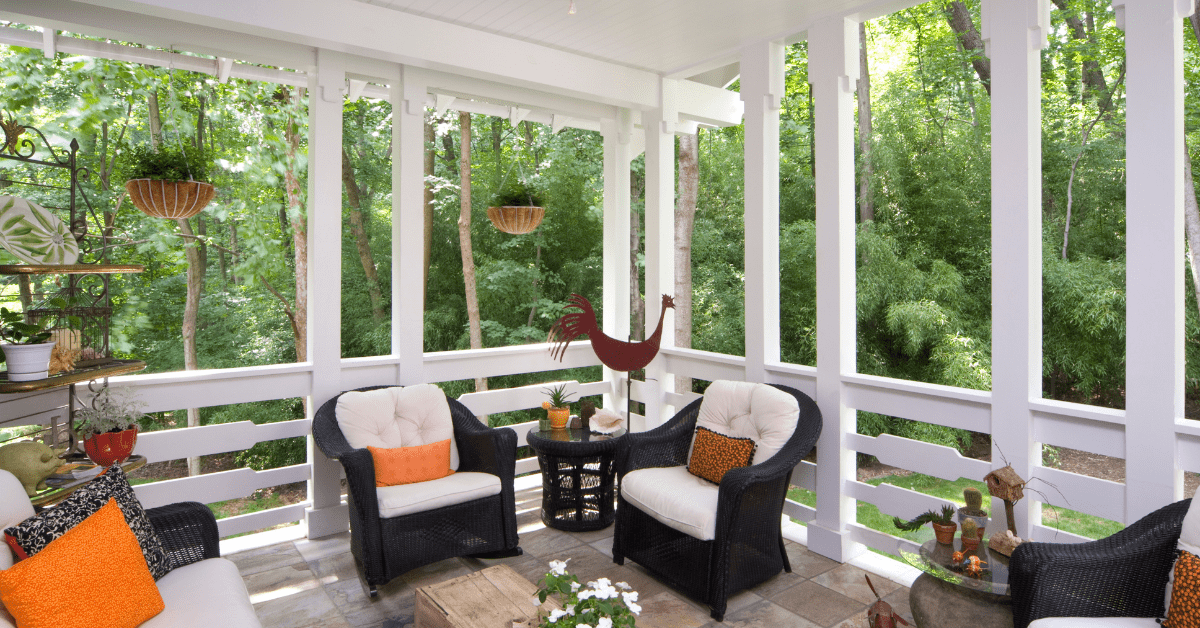 A back porch with all-season furniture. 