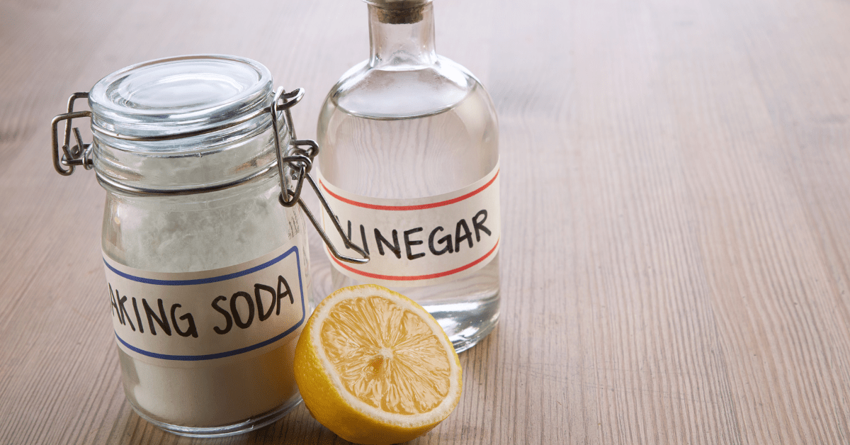 A jar of baking soda beside a glass bottle of vinegar.