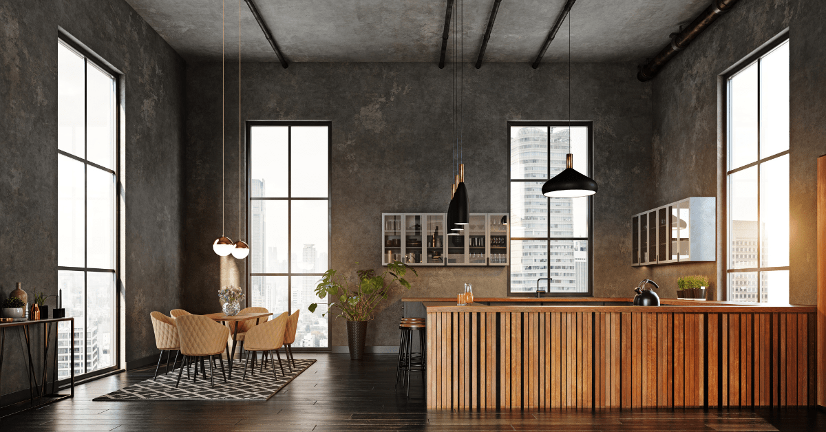 A loft with concrete walls and wooden modern furniture.