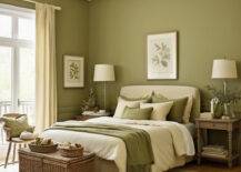 A chic bedroom with olive green walls and cream decor.