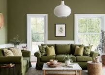 Light and bright olive green living room with wooden furniture accents.