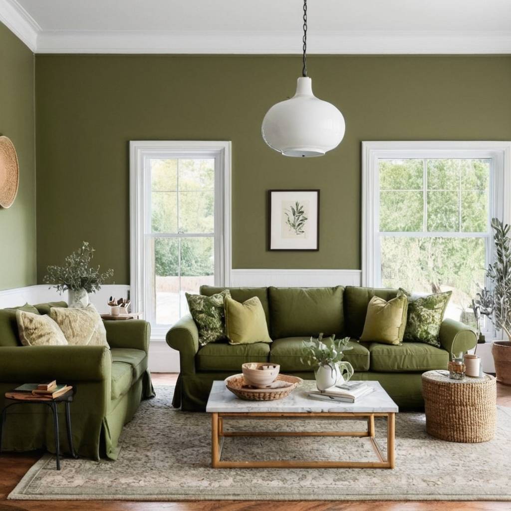 Light and bright olive green living room with wooden furniture accents.