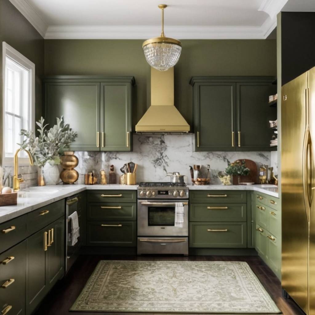 Olive green kitchen with golden metallic accents.