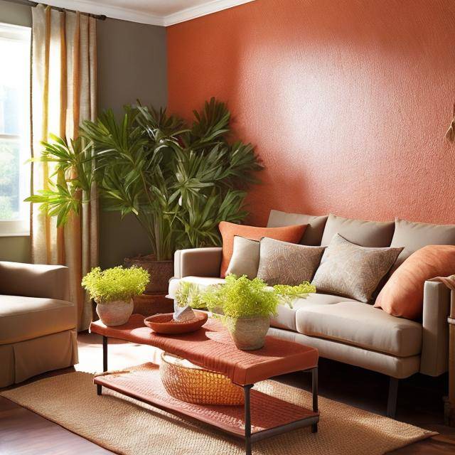 Living room with warm decor finished in terra cotta color.
