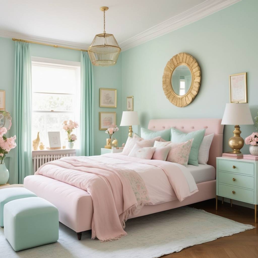 Pink and green bedroom with gold decor pieces.