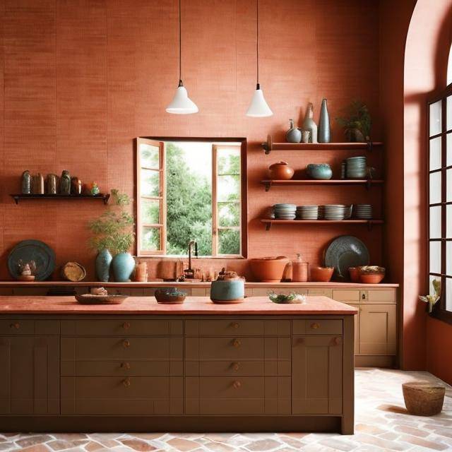A modern kitchen finished in terra cotta color.