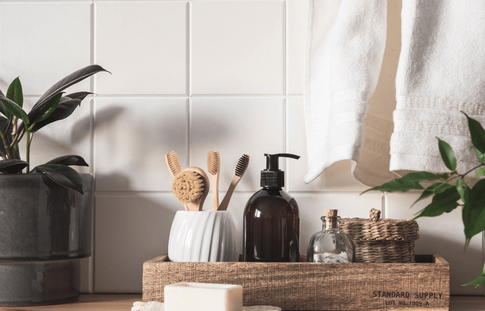 bathroom tray with soap dispenser and toothbrush holder