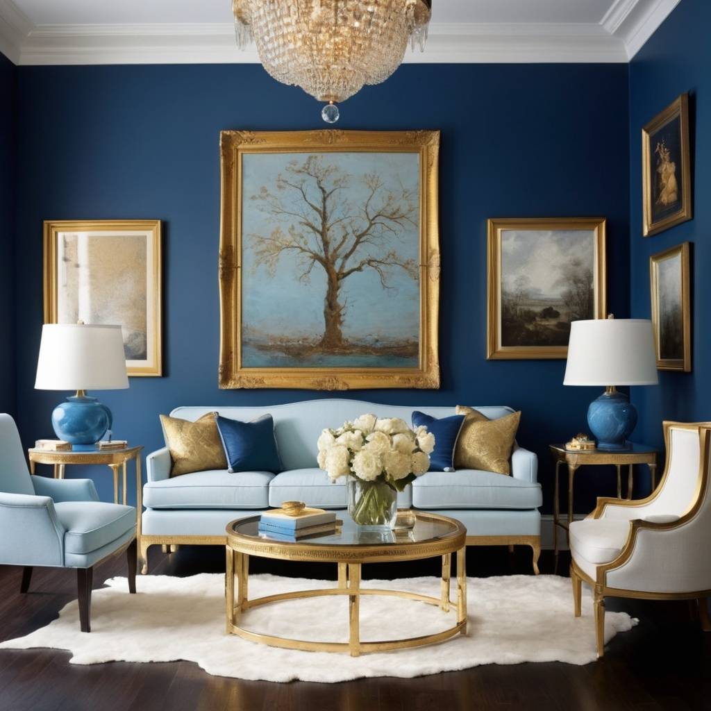 Blue living room with gold accents.
