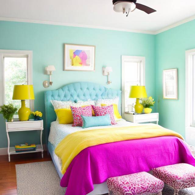 Light blue bed headboard and pillow with yellow bedside lights.