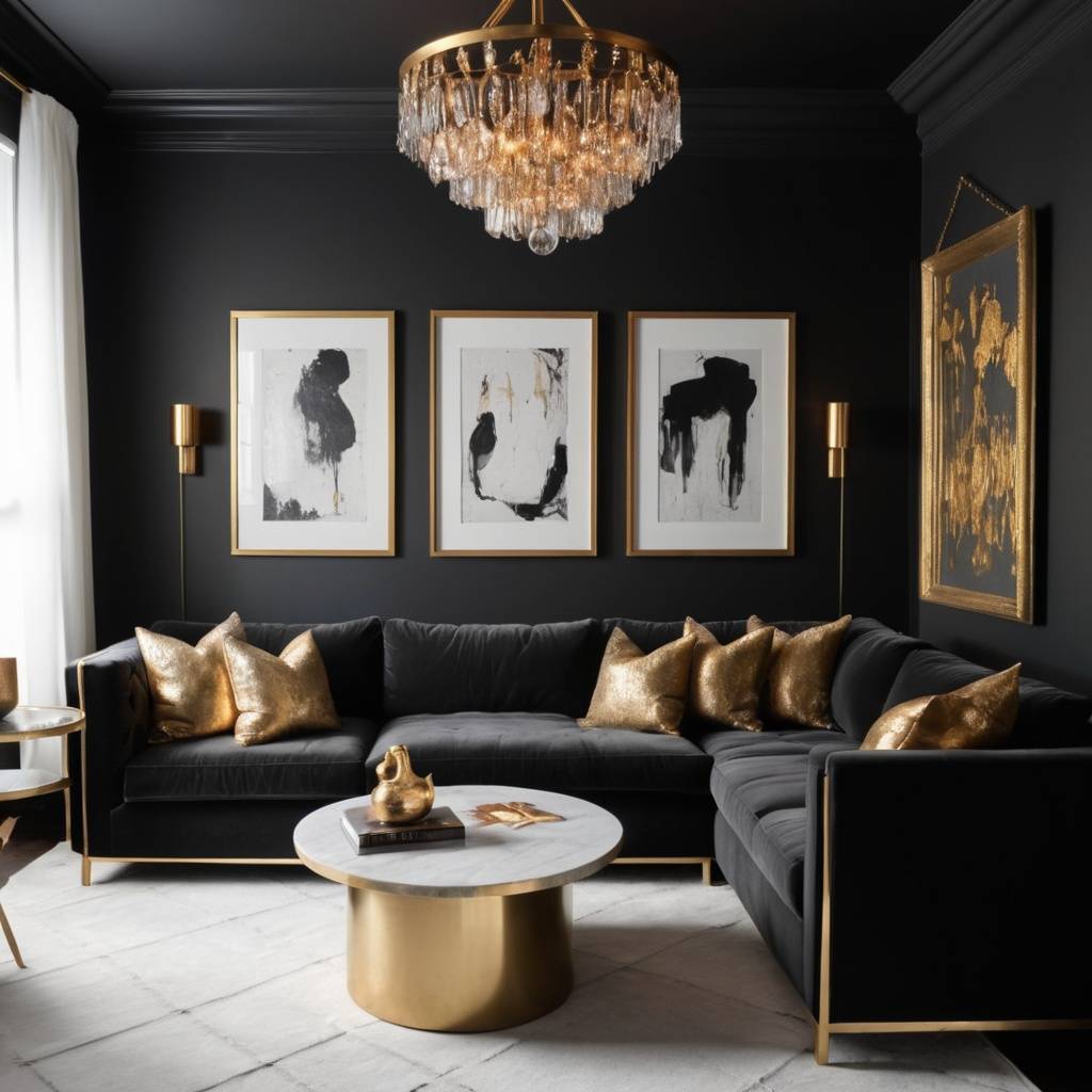 Black living room with gold accents.