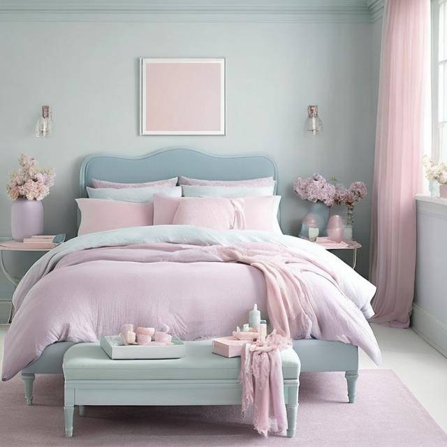 Light blue bedroom with soft pink bed sheets.