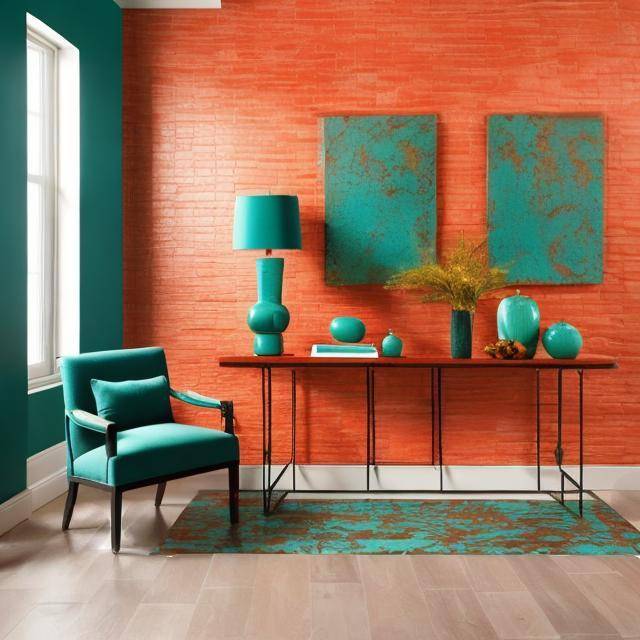 Living room combining decor that is terra cotta and teal.