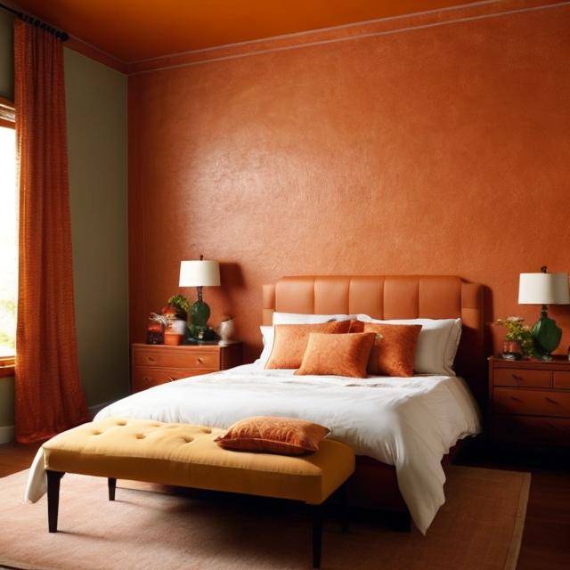 Bedroom with terra cotta colored walls and decor.