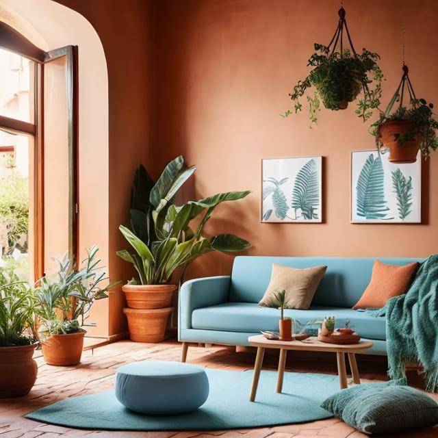 Terracotta living room with light blue couch.