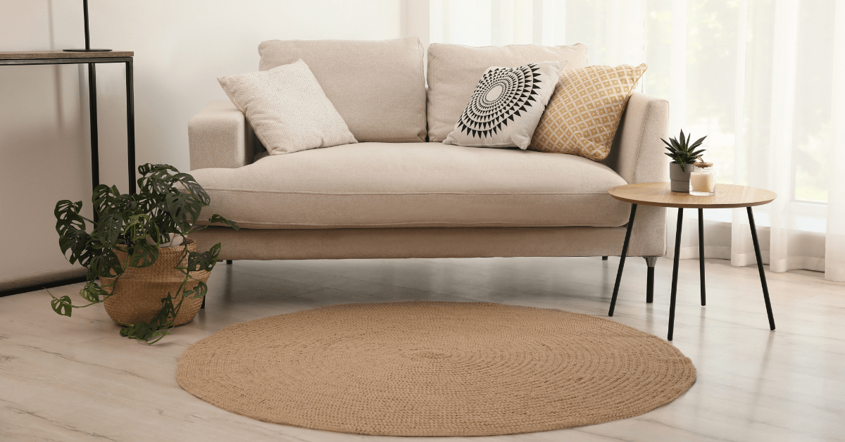 A modern living room with round rug.