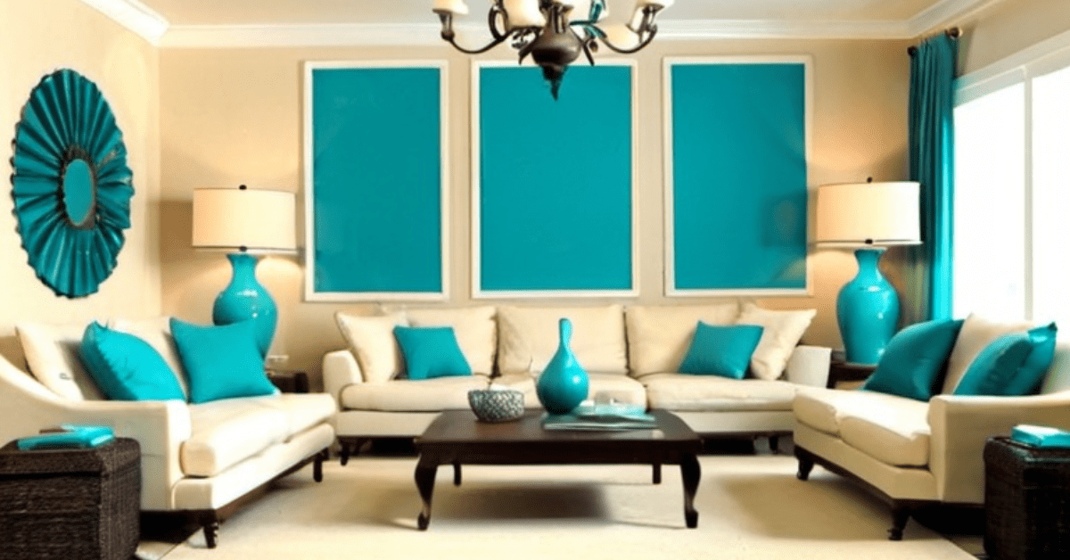 Turquoise and cream living room.