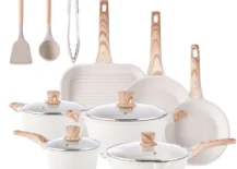 white cookware set with wood handles