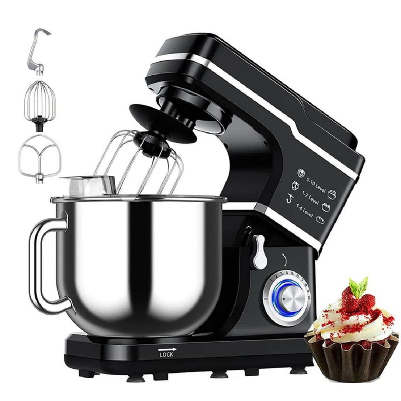 black stand mixer with cupcake and attachements