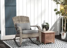 patio rocker chair on porch on outdoor rug