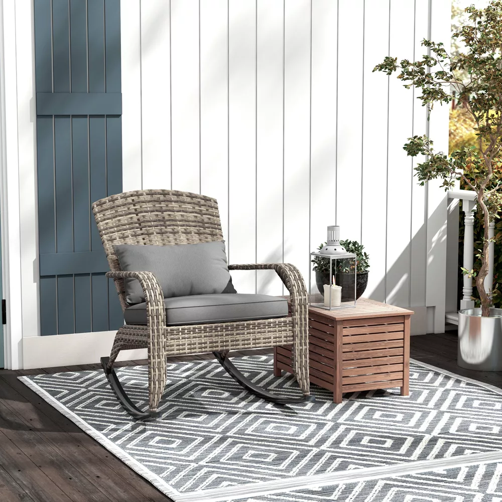 patio rocker chair on porch on outdoor rug