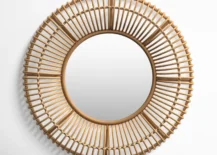 rattan round wall mirror on white background