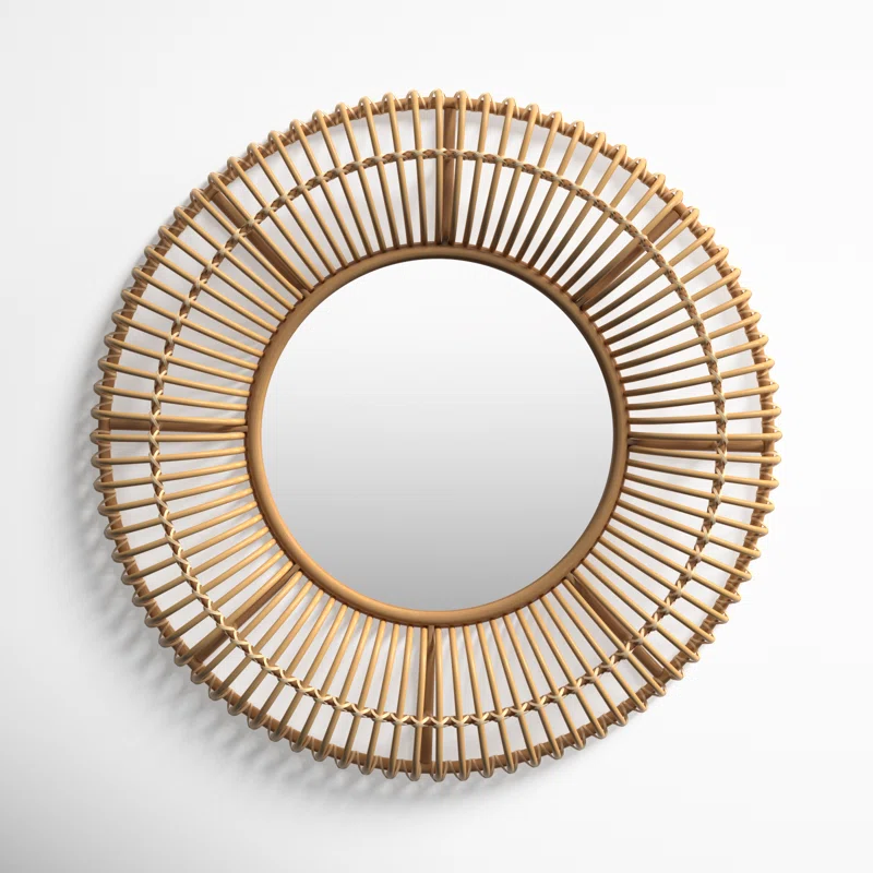 rattan round wall mirror on white background