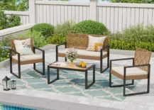 seating patio set beside pool without outdoor rug