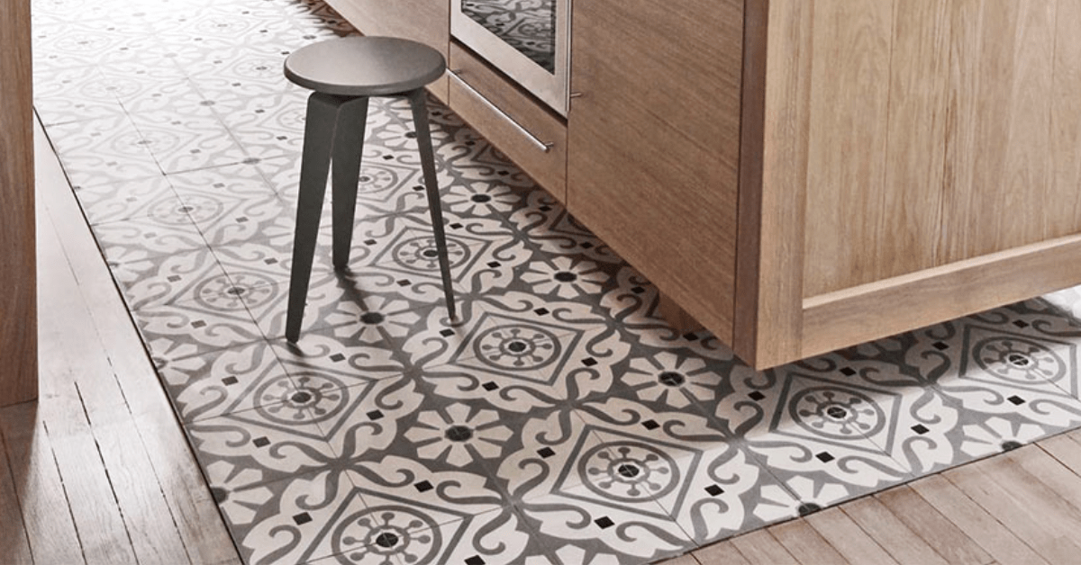 A kitchen tile to wood transition.